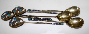 Набор из 6 серебряных в перегородчатой расписной эмали чайных ложек